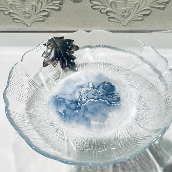 Angel Glass Curved Plate 925 Silver Leaf Hand Painted ARGENTERIA ASTUNI Vintage - Picture 6 of 9